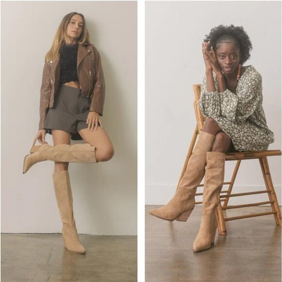 Womens Suede Apcicot Side Zipper Knee High Pointed Toe Tall Slouchy Boots - Picture 7 of 8